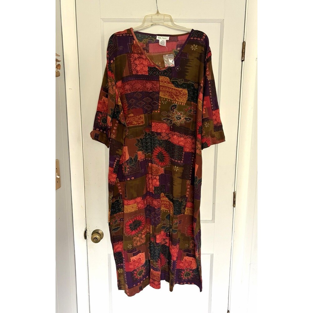 NWOT Ulla Popken Artsy Abstract Print Beaded 3/4 Sleeve Maxi Relaxed Dress 32/34